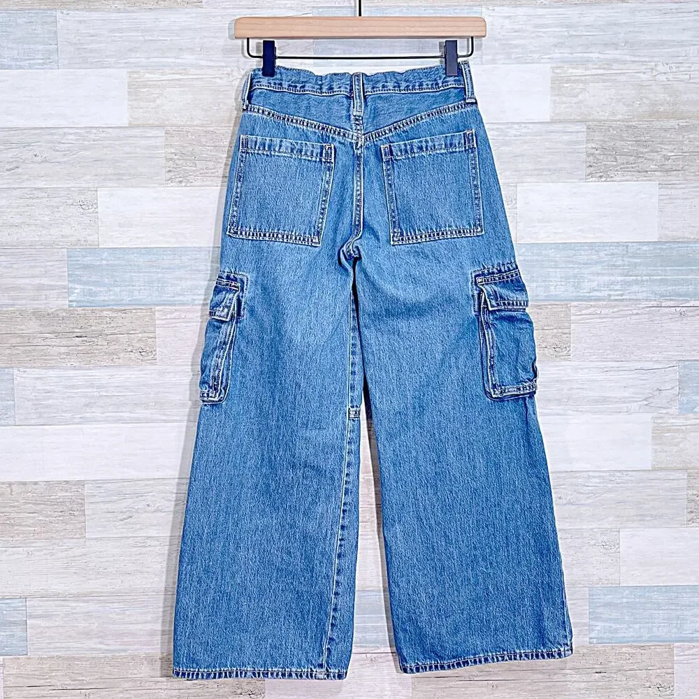 Old Navy High Waisted Super Baggy Wide-Leg Cargo Jeans Blue Indigo Girls 12